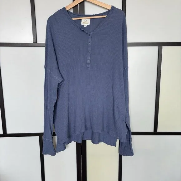 Offline by Aerie Waffle Henley T-Shirt in Blue Size XL oversized Athleisure Top - Picture 7 of 11